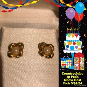 NWOT Adrienne Picard Faux Gold Pearl Diamond Earrings Rhinestones Pierced Floral